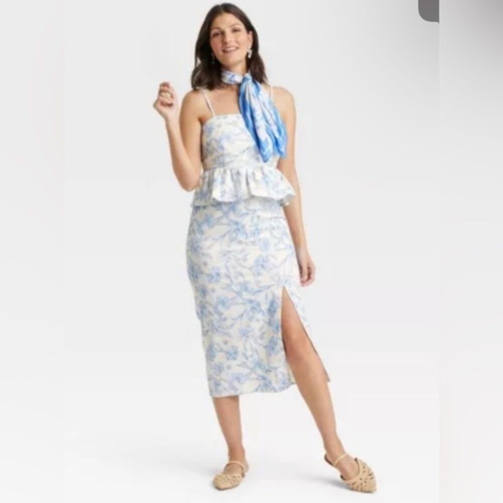 A New Day - Garden Party Blue & White Floral Peplum Top Skirt Set - Size S/4